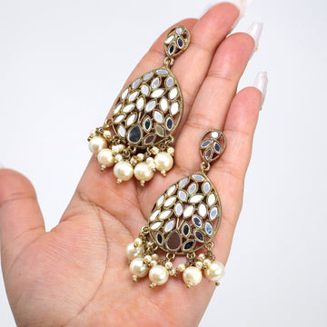 Chandelier Mirror Statement Earrings And Headpiece Set, Mirror Earrings, Indian Long Bridal Jewelry, Pearl Bridal Earrings